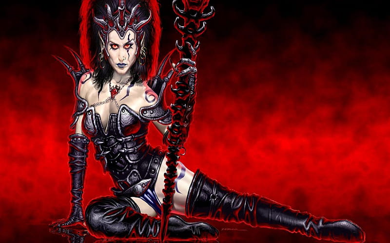 Devilish, black, red, fantasy, lady, HD wallpaper