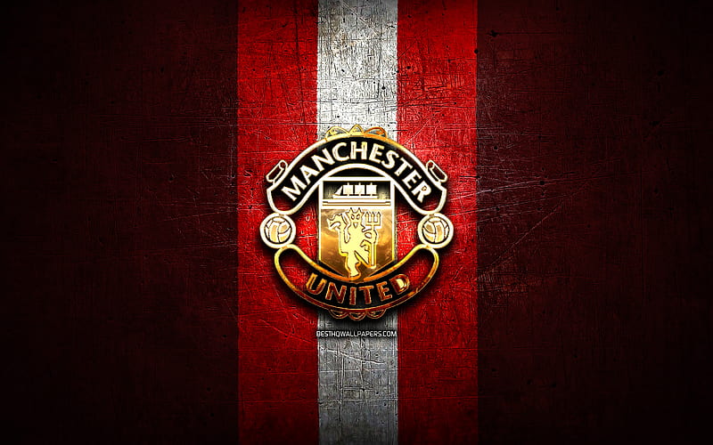 Manchester United FC, golden logo, Premier League, red metal background, football, Manchester United, english football club, Manchester United logo, soccer, England, Man United, HD wallpaper