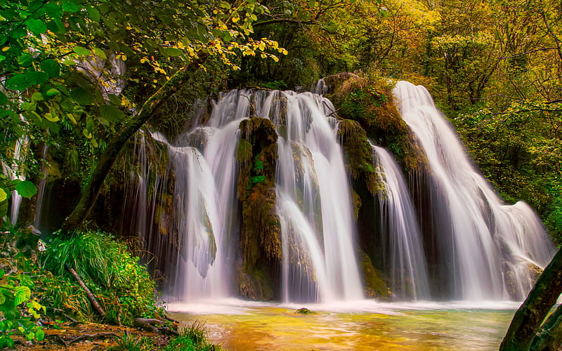 Cascade des Tufs, beautiful waterfall, Cuisance River, forest, waterfalls, France, HD wallpaper