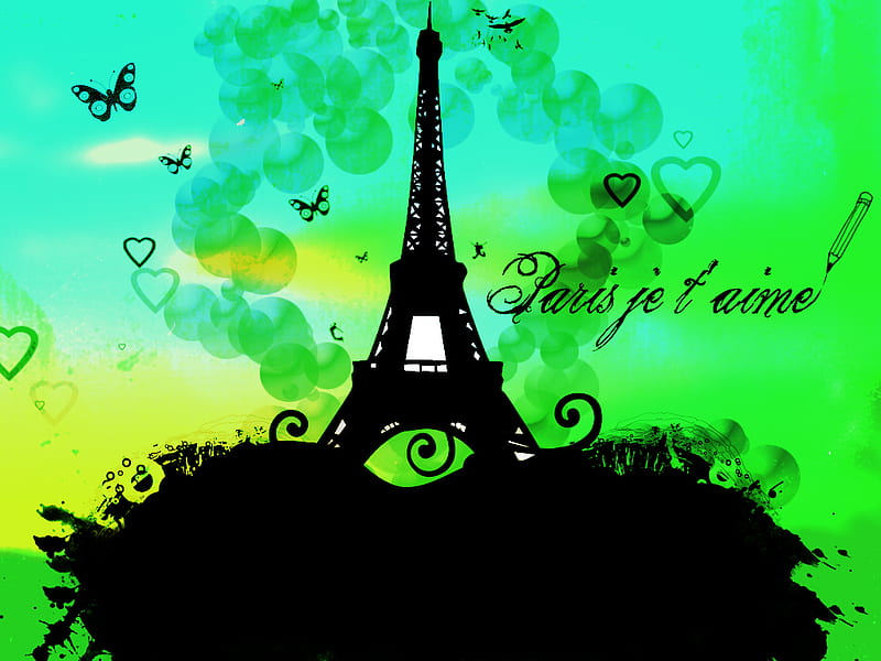 Eiffel Tower Vector, green, france, eiffel tower, black, butterflies, blue, HD wallpaper