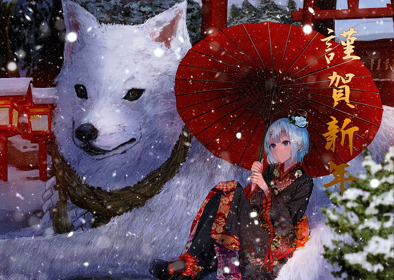 Chinese Zodiac ~ Dog, red, chinese zodiac, umbrella, manga, caine, winter, girl, anime, white, konkito, dog, HD wallpaper