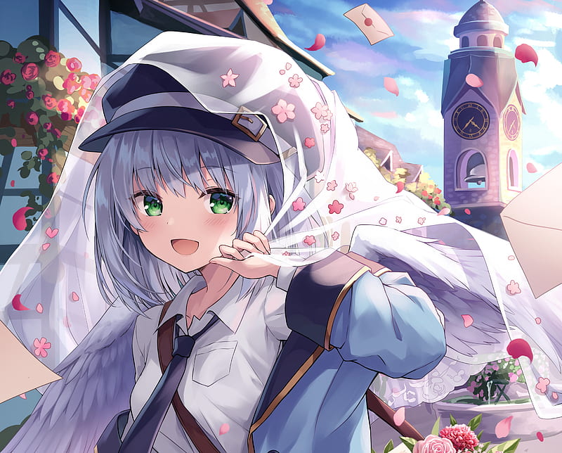 Anime, Original, Blossom, Flower, Girl, Green Eyes, Grey Hair, Hat, HD wallpaper