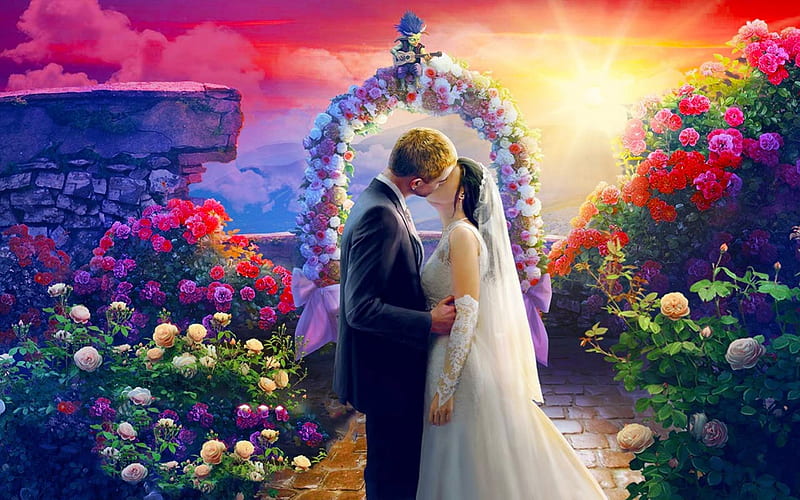 Wedding Couple, art, lovely, romantic, bride, bonito, kissing, sunset, marriage, woman, fantasy, girl, digital, flowers, couple, HD wallpaper