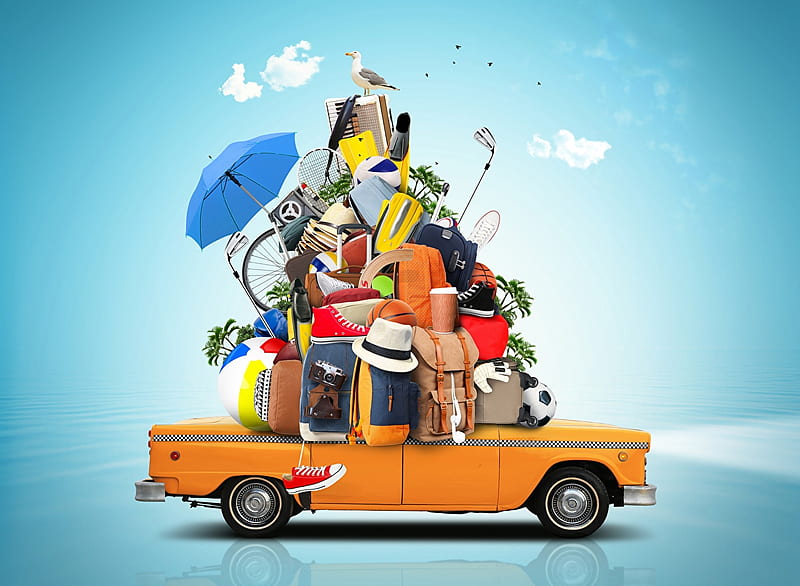 Summer vacation, Family, Car, Umbrella, Bags, Travelling, HD wallpaper