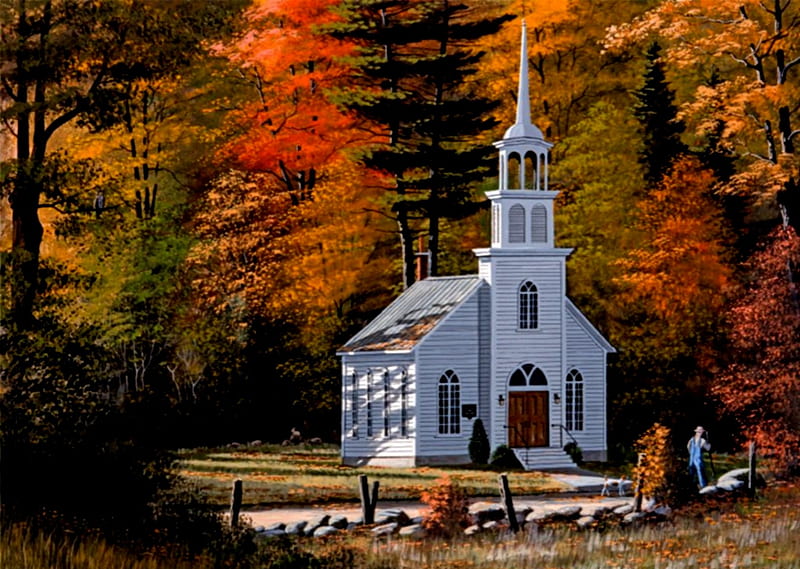 Old White Church In Autumn, Old, Autumn, WHite, Church, HD wallpaper