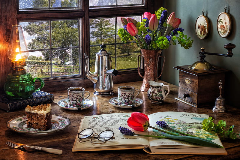 Still life, Flowers, Lamp, Books, Style, Window, Glasse, HD wallpaper