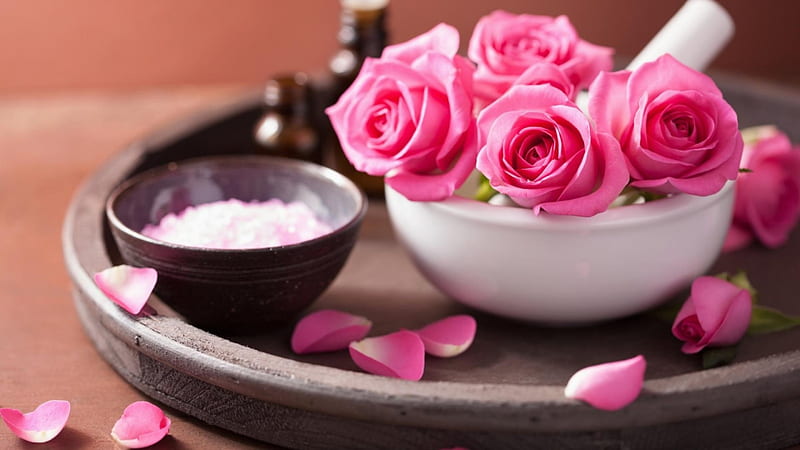 Bowl of Flowers, sals, bath, roses, tea, pink, bowl, HD wallpaper