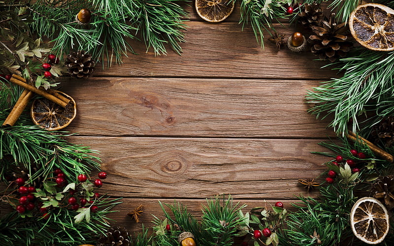 Christmas, New Year, wooden background, boards, green tree, cinnamon, decoration, HD wallpaper
