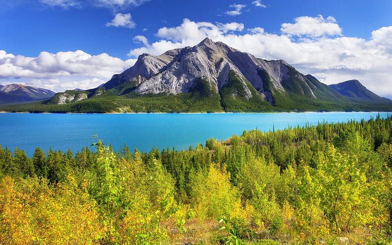 Abraham Lake, summer, mountain, blue lake, Alberta, Canada, Banff National Park, HD wallpaper