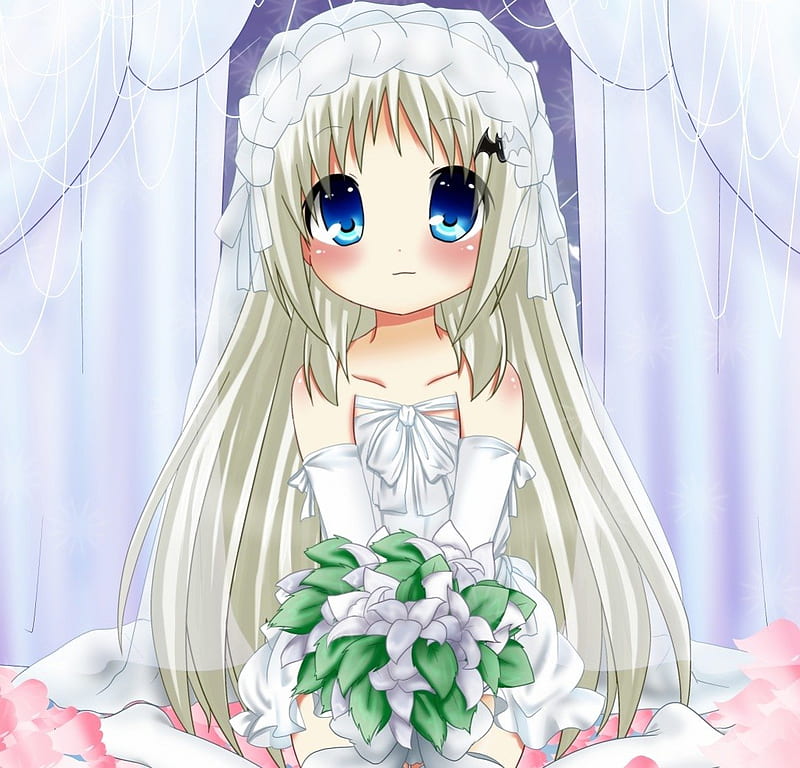 ♡ Bride ♡, pretty, dress, bride, bonito, adorable, Kudryavka Noumi, elegant, floral, sweet, nice, anime, beauty, anime girl, long hair, blue eyes, gorgeous, wed, little busters, female, lovely, gown, wedding, kawaii, girl, bouquet, flower, HD wallpaper