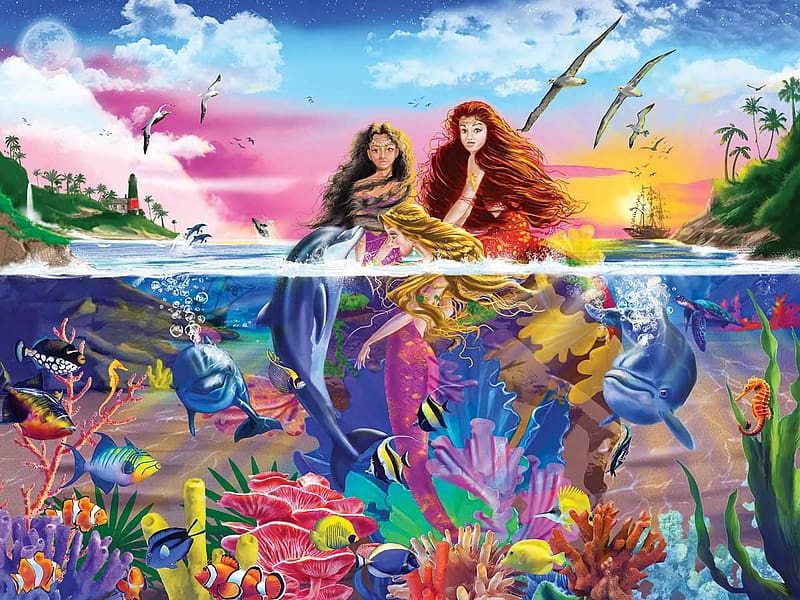 Mermaid Cove, colors, fish, sky, water, mermaids, dolphin, turtle, artwork, painting, HD wallpaper