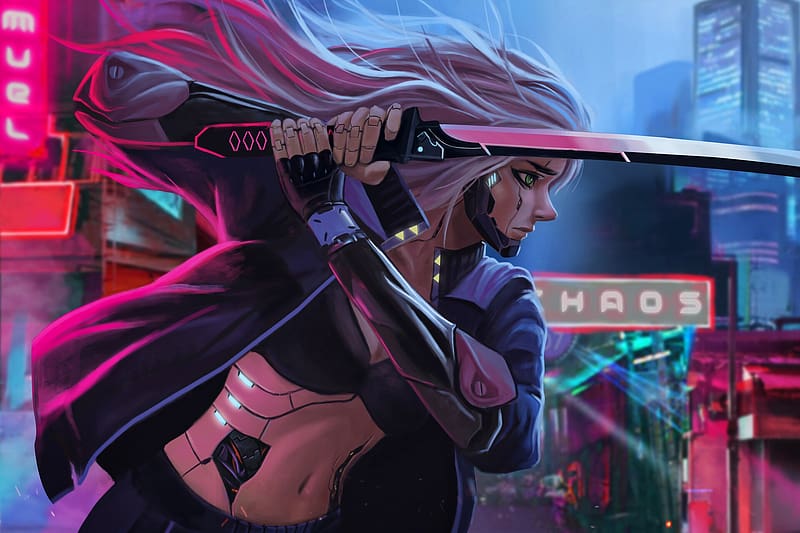 HD wallpaper cyberpunk sci fi sword green eyes katana white hair