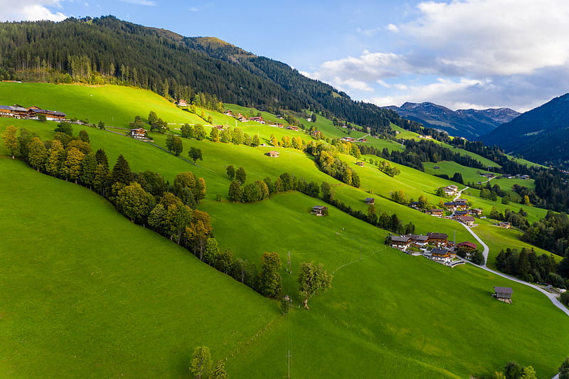 village, field, slope, grass, sky, HD wallpaper