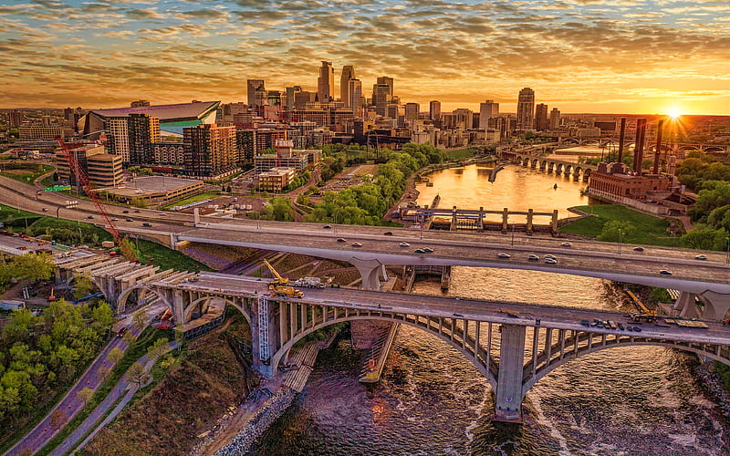 Minneapolis Mississippi River, sunset, american cities, Minnesota, USA, America, HD wallpaper