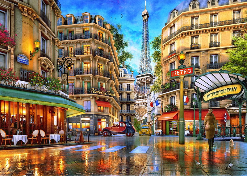 Streets Parisienne, hotel, carros, tables, restaurant, eiffel tower, houses, artwork, street, digital, HD wallpaper