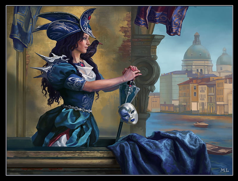 the Venetian Girl, dress, raven, abstract, boat, fantasy, city, girl, beauty, mask, HD wallpaper