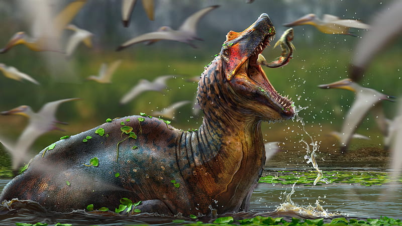 Dinosaur On Water With Open Mouth To Catch Fish Dinosaur, HD wallpaper