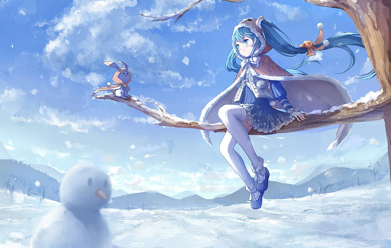 Yuki miku, yue yue, girl, anime, manga, bunny, blue, winter, HD wallpaper