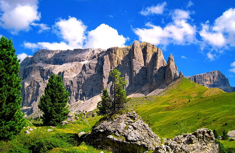 Morning clouds, rocks, lovely, grass, greenery, bonito, trees, sky