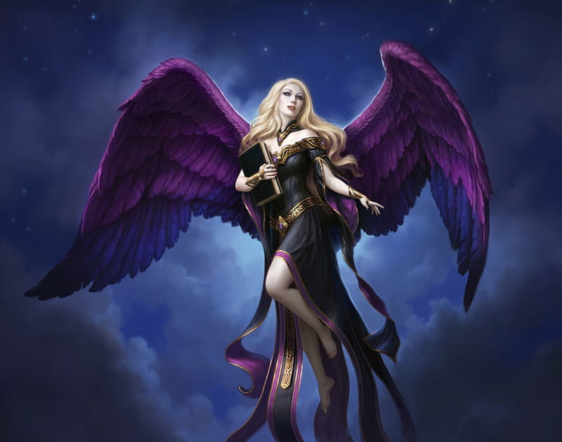 Angel, wings, luminos, blonde, inger, fantasy, purple, girl, feather, james ryman, blue, HD wallpaper