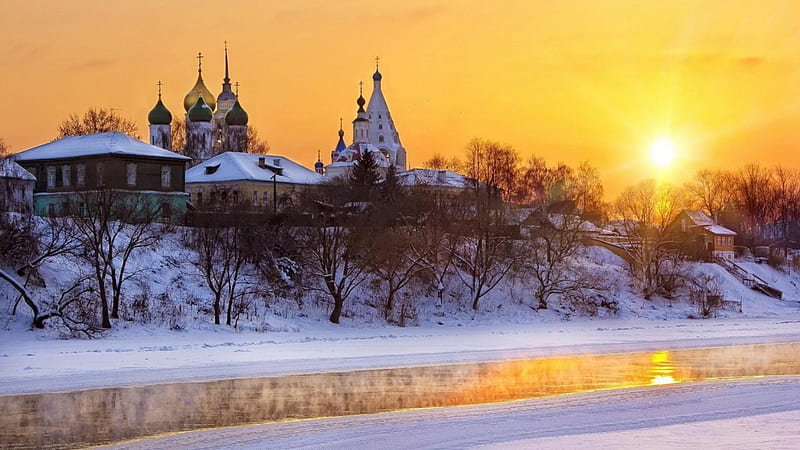 churches in russian winter, river, sun, town churches, winter, HD wallpaper