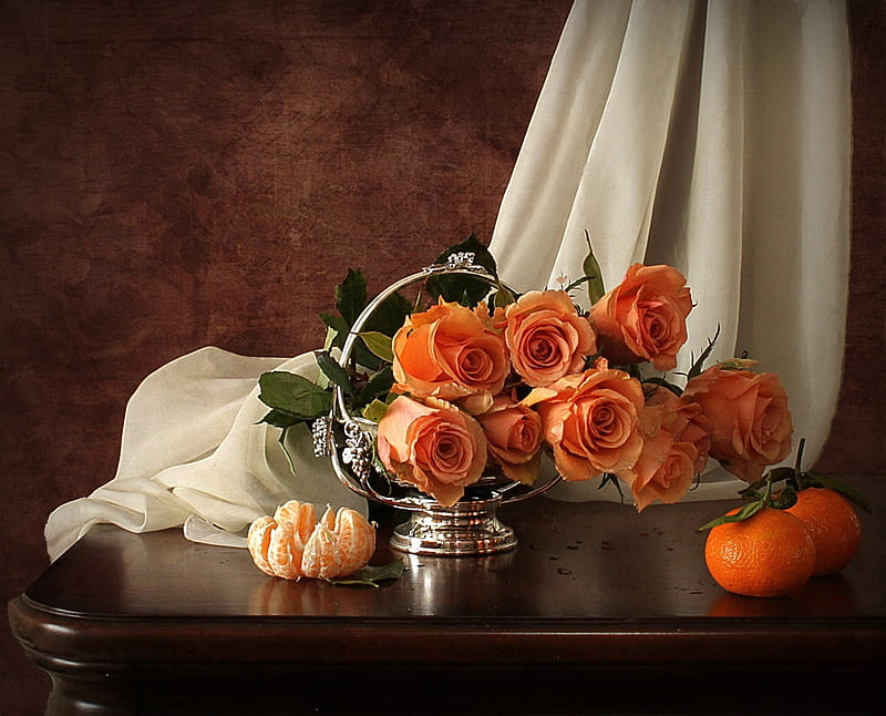 still life, tangerines, orange, rose, bonito, silver, fruit, graphy, nice, flowers, harmony, table roses, elegantly, cool, bouquet, flower, HD wallpaper
