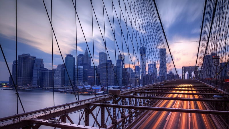 view from atop the brooklyn bridge, city, traffic, bridge, river, lights, wires, HD wallpaper