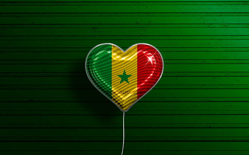 I Love Senegal realistic balloons, green wooden background, African countries, Senegalese flag heart, favorite countries, flag of Senegal, balloon with flag, Senegalese flag, Senegal, Love Senegal, HD wallpaper