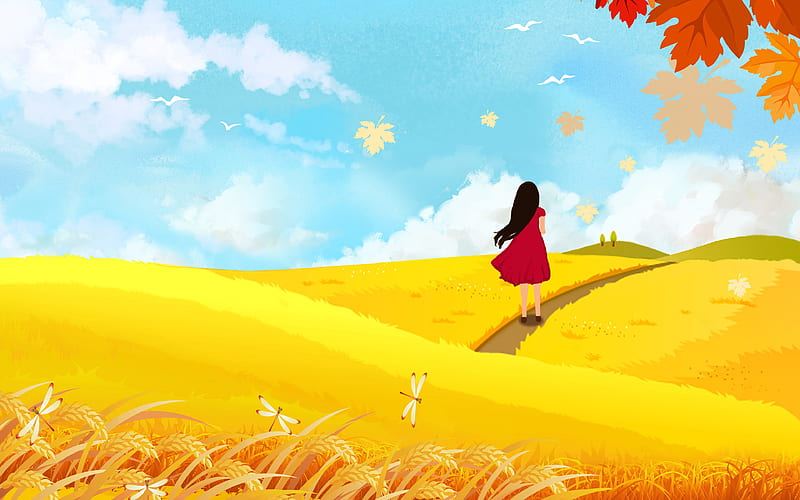 Golden Autumn Red Dress Girl Illustration, HD wallpaper