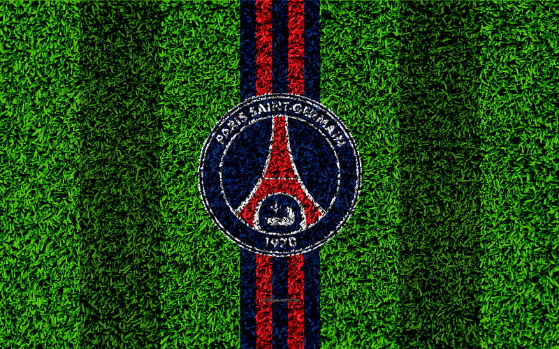 Paris Saint-Germain football lawn, PSG, logo, French football club, grass texture, emblem, blue red lines, Ligue 1, Paris, France, football, HD wallpaper