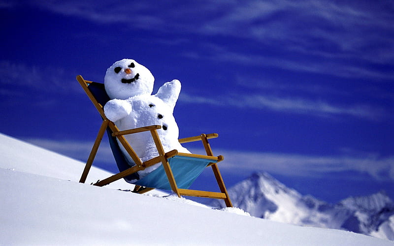 SUNBATHING SNOWMAN, sunbath, holidays, snowman, winter, HD wallpaper