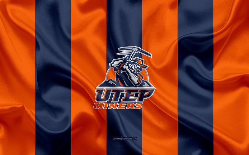 UTEP Miners, American football team, emblem, silk flag, orange-blue silk texture, NCAA, UTEP Miners logo, El Paso, Texas, USA, American football, University of Texas, HD wallpaper