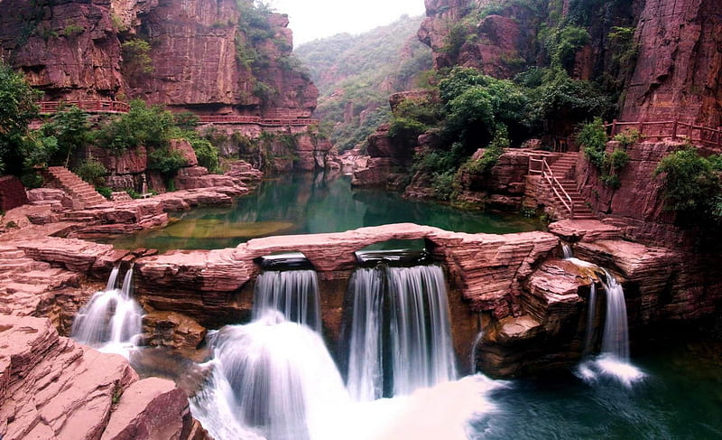 Yuntai Mountain, Henan, China, rocks, water, mountains, river, trees, HD wallpaper