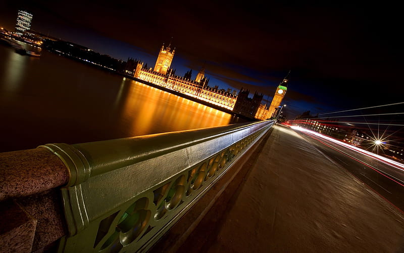 london night bridge river-city graphy, HD wallpaper