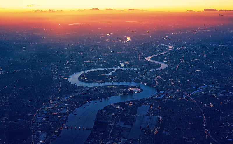 Winding River Sunset City Aerial View Ultra, City, View, River, graphy, London, Aerial, Urban, England, Panoramic, Evening, Skyline, Thames, Horizon, unitedkingdom, HD wallpaper