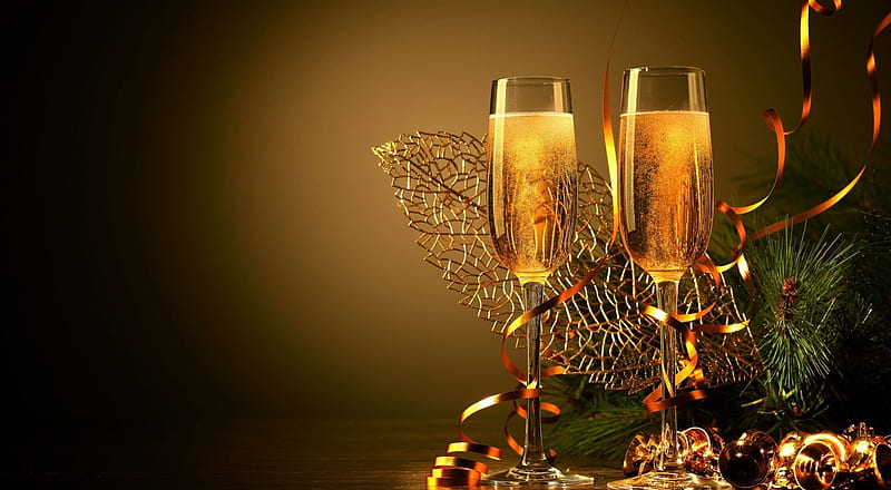 * Cheers! *, romantic, holiday, golden, ribbon, glasses, bonito, happy new year, cheers, champagne, celebrate, HD wallpaper