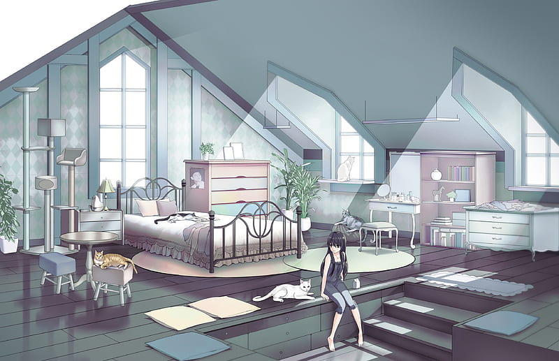 anime girl, cats, room, sunlight, slice of life, Anime, HD wallpaper