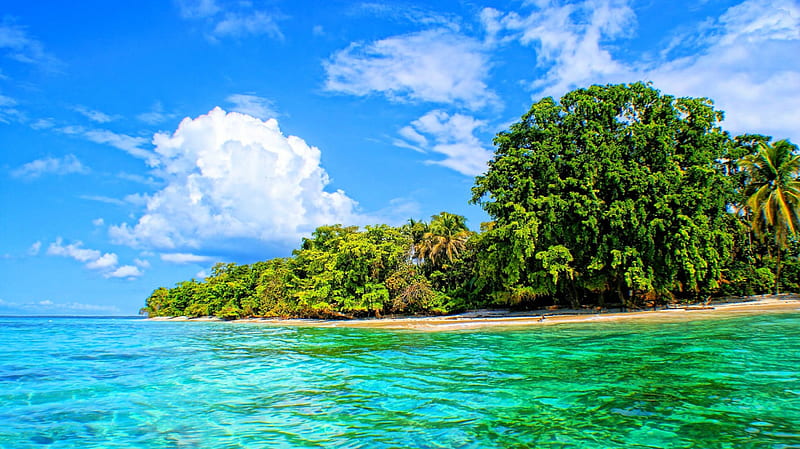 Summer Beach, Bocas Del Toro Islands, white sand, bonito, trees, clouds, beach, Panama, summer, island, emerald ocean, HD wallpaper