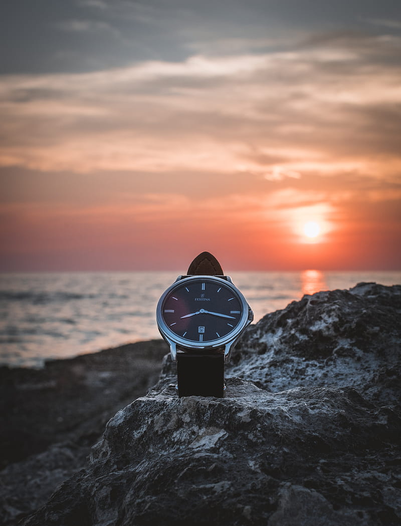 sunset, horizon, wristwatch, rocks, Technology, HD phone wallpaper