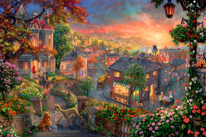 Lady and the Tramp, meet, magic, village, tramp, flowers, story, streets, friends, puppy, classics, view, roofs, town, Kinkade, peaceful, lady, fairytle, dogs, HD wallpaper