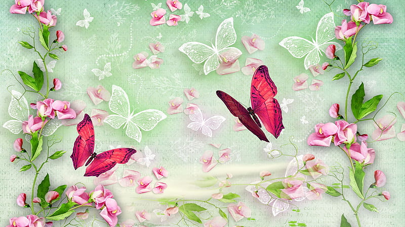 Sweet Peas and Butterflies, green, summer, flowers, firefox persona, soft, butterflies, sweet peas, pink, HD wallpaper