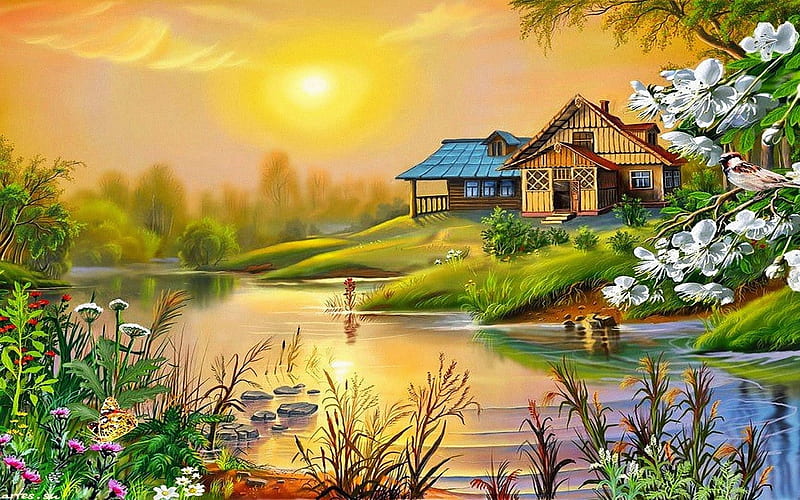Cottage on the Lake, colorful, painting, cottage, lake, HD wallpaper