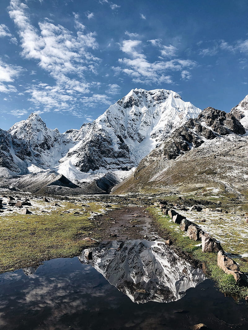 mountains, rocks, snow, snowy, lake, reflection, HD phone wallpaper