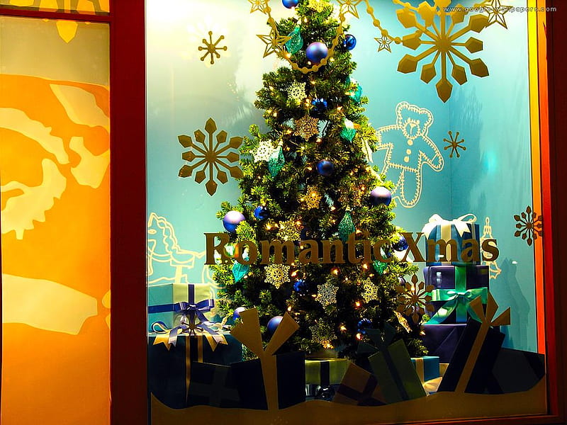 Romantic Xmas, christmas tree, bonito, decorated, gold, green, gifts, fullcolours, lightining, blue, HD wallpaper