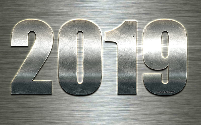 2019 year, silver metal inscription, metal letters, silver 2019 background, Happy New Year, art, creative 2019 design, 2019 concepts, HD wallpaper