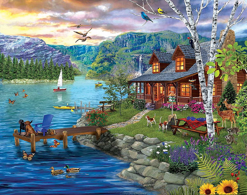 Peaceful Summer, cabin, trees, dogs, deer, pier, ducks, birds, sunset, mountains, painting, flowers, HD wallpaper