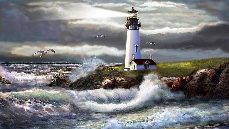 Ocean Light House, boats, painting, birds, sea gulls, waves, storm, lighthouse, sea, HD wallpaper