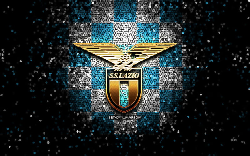 Lazio FC, glitter logo, Serie A, blue white checkered background, soccer, SS Lazio, italian football club, Lazio logo, mosaic art, football, Italy, HD wallpaper