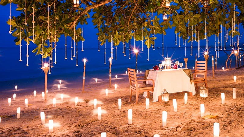 Romantic beach dinner by candelight , dinner, beach, romantic, candelight, table for two, sea, HD wallpaper