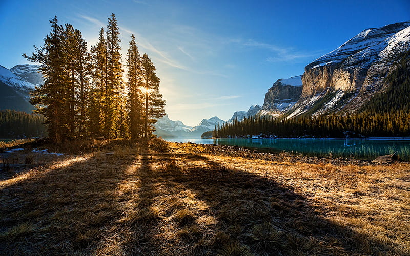 Jasper National Park, morning, winter, mountains, Canada, beautiful nature, mountain river, Northern America, canadian nature, HD wallpaper